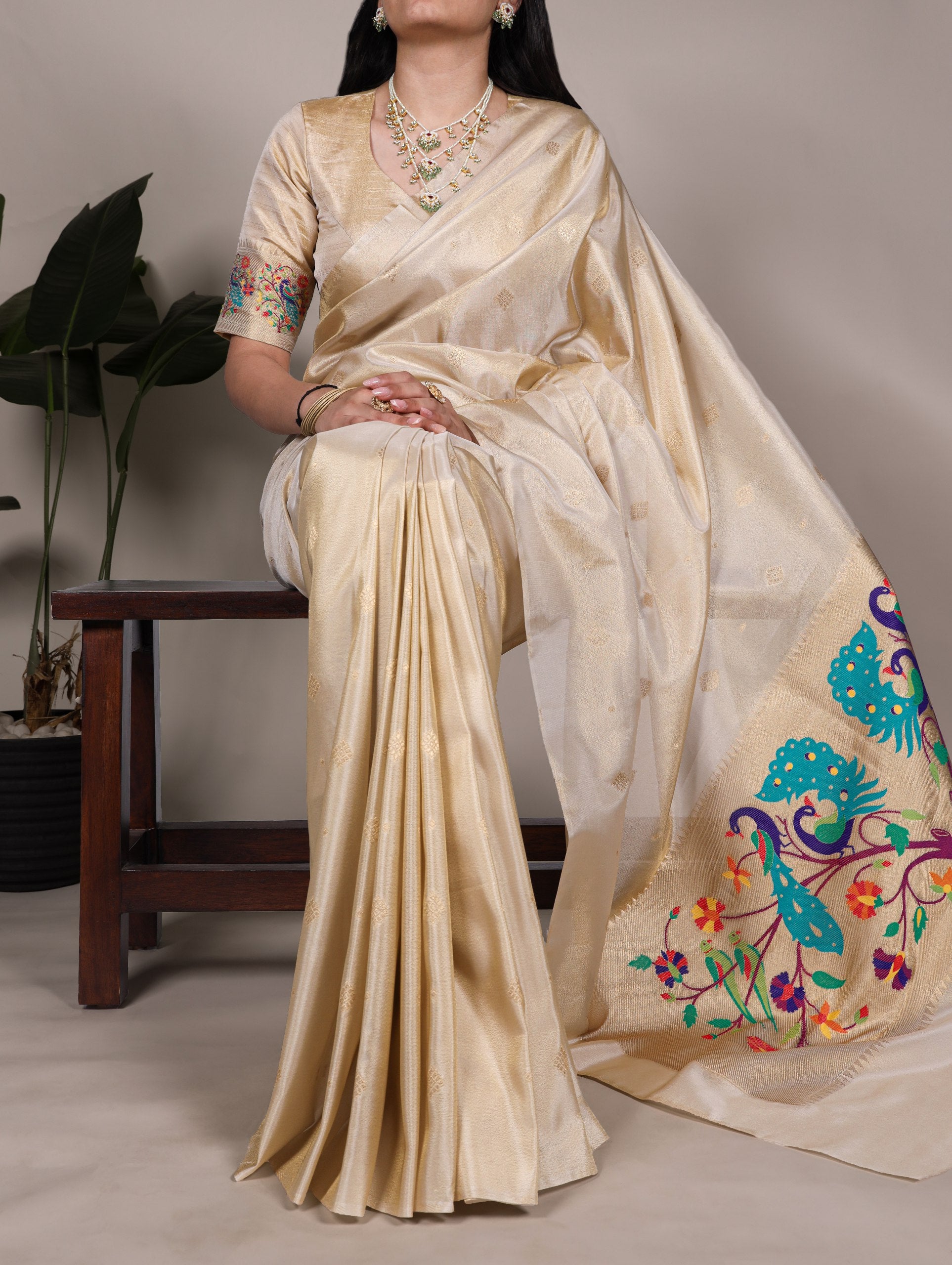 Perfect Saree for pujas, and celebrations – this tissue silk saree drapes like a dream and dazzles like gold
