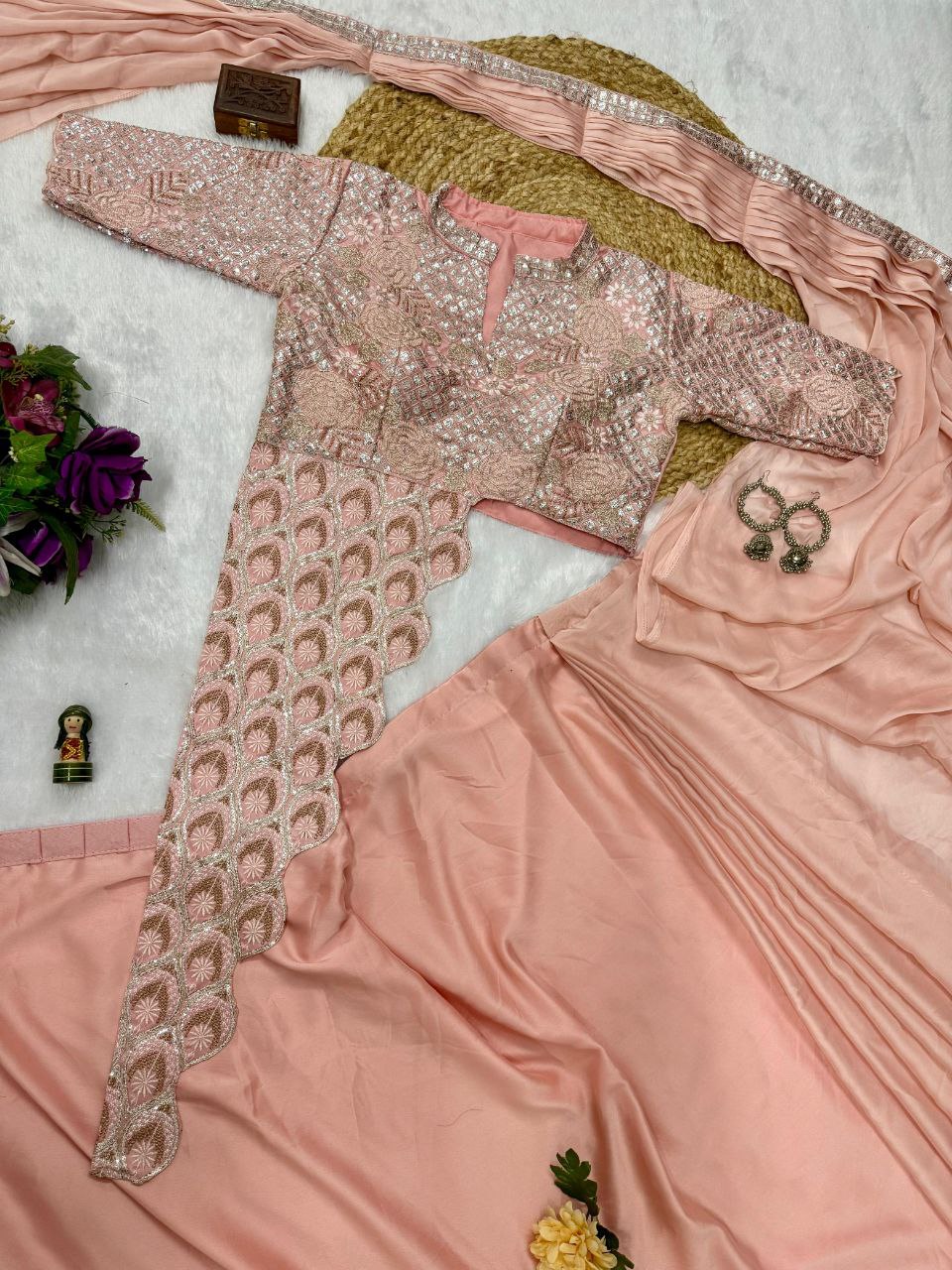 PRE DRAPE SAREE WITH FULL STITCH JACKET STYLE BLOUSE