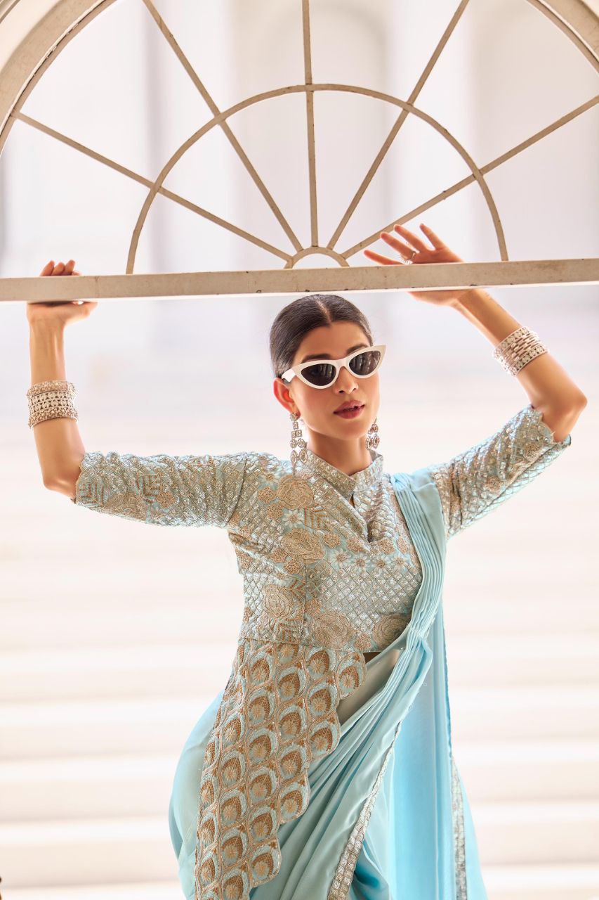 PRE DRAPE SAREE WITH FULL STITCH JACKET STYLE BLOUSE