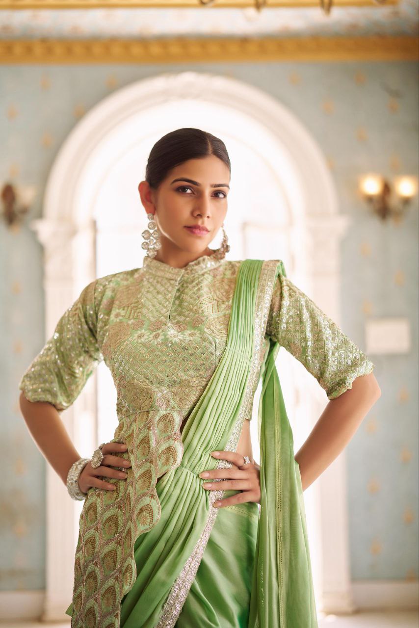 PRE DRAPE SAREE WITH FULL STITCH JACKET STYLE BLOUSE