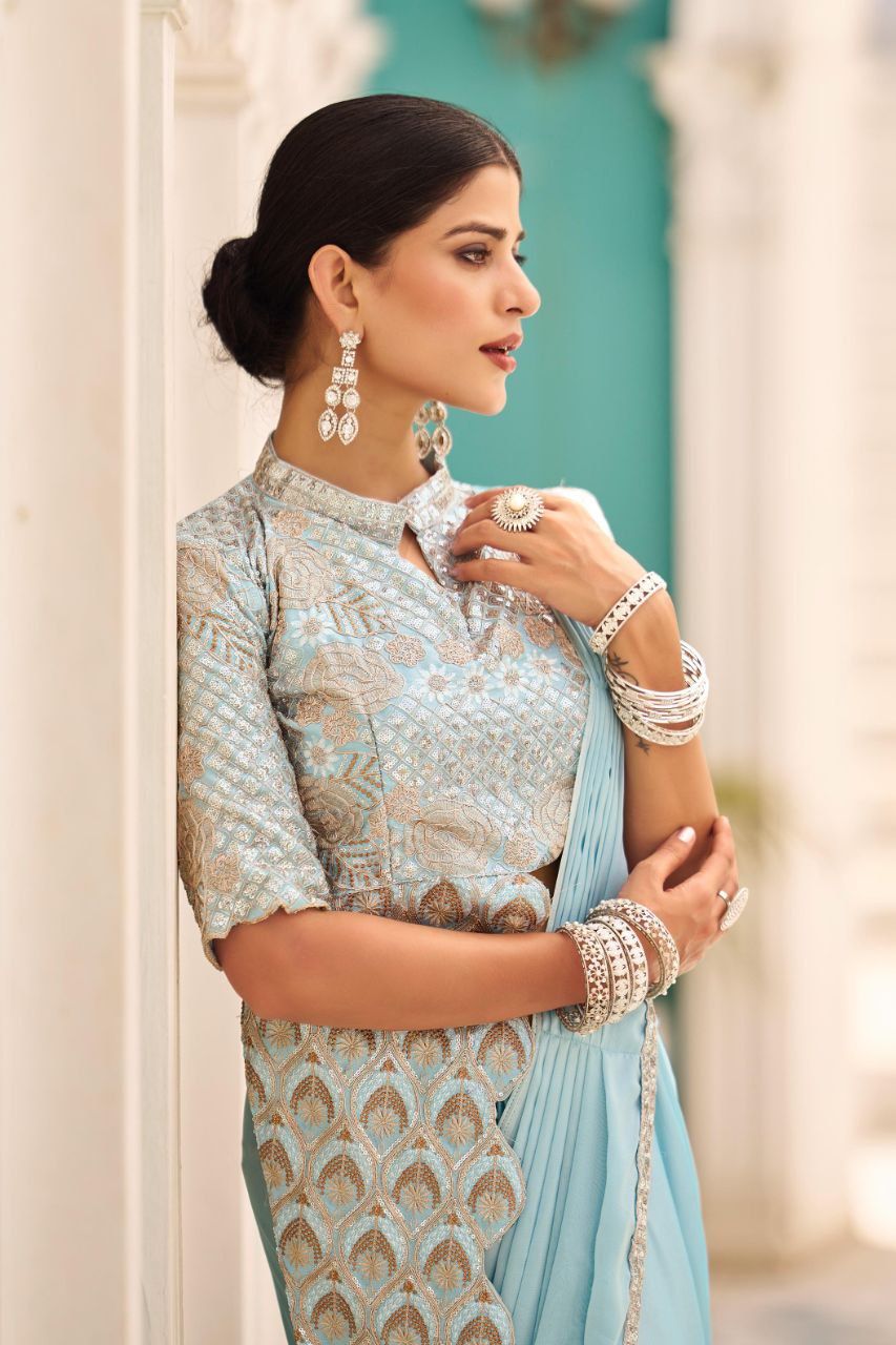 PRE DRAPE SAREE WITH FULL STITCH JACKET STYLE BLOUSE