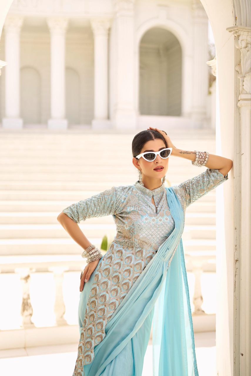 PRE DRAPE SAREE WITH FULL STITCH JACKET STYLE BLOUSE