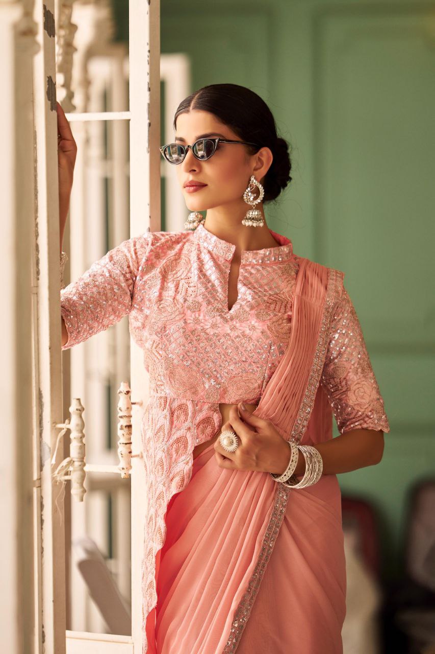 PRE DRAPE SAREE WITH FULL STITCH JACKET STYLE BLOUSE