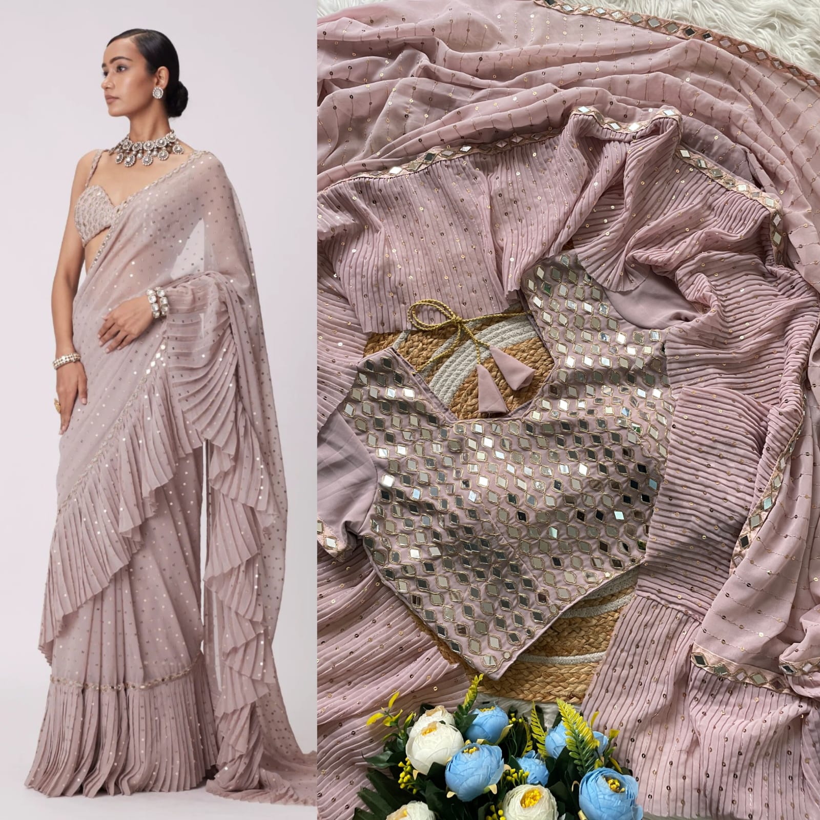 Ready To Wear Saree With Real Mirror Work Full Stitch Blouse