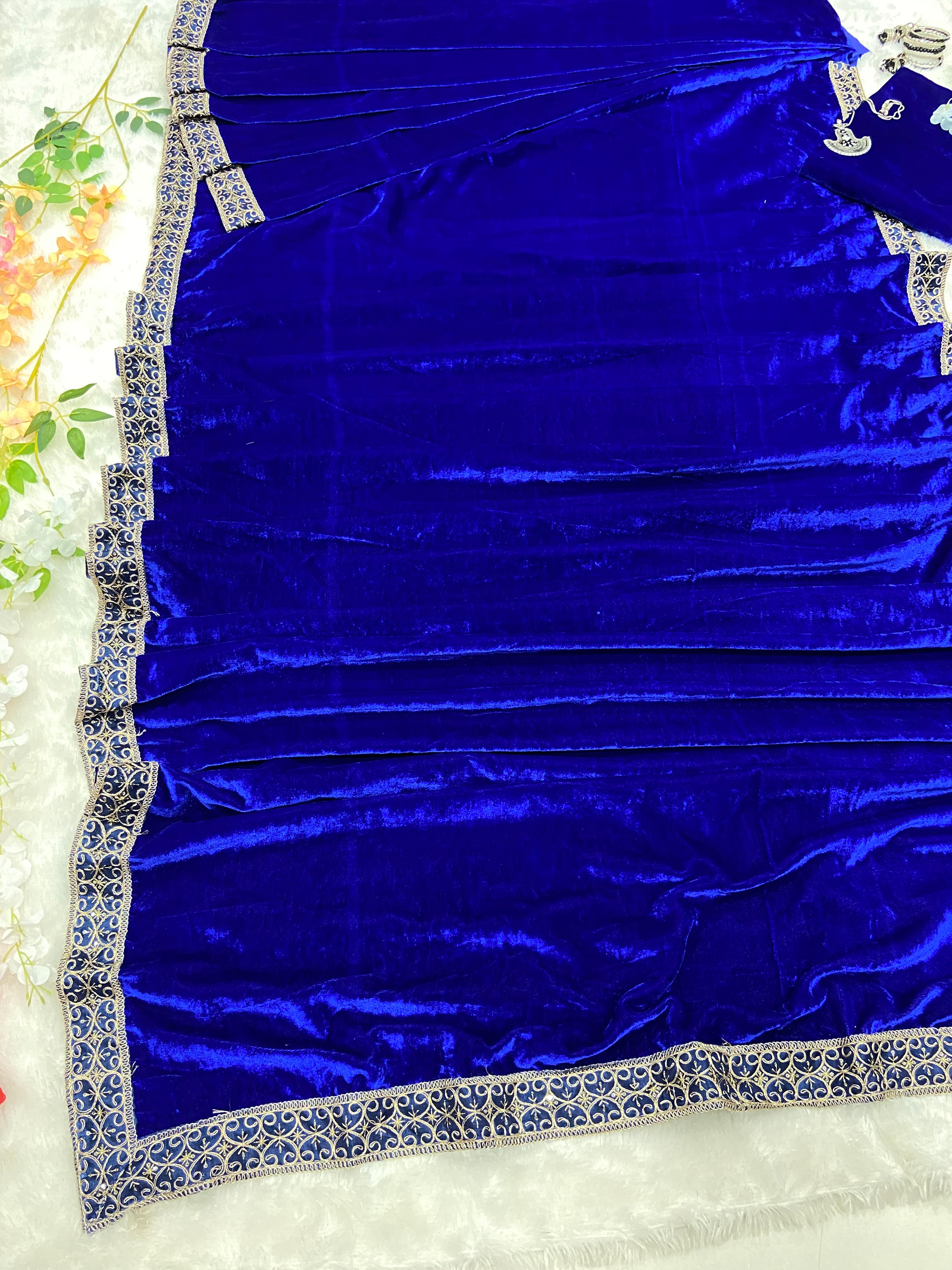Royal Blue Velvet Ready To Wear Saree