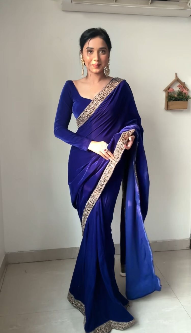 Royal Blue Velvet Ready To Wear Saree