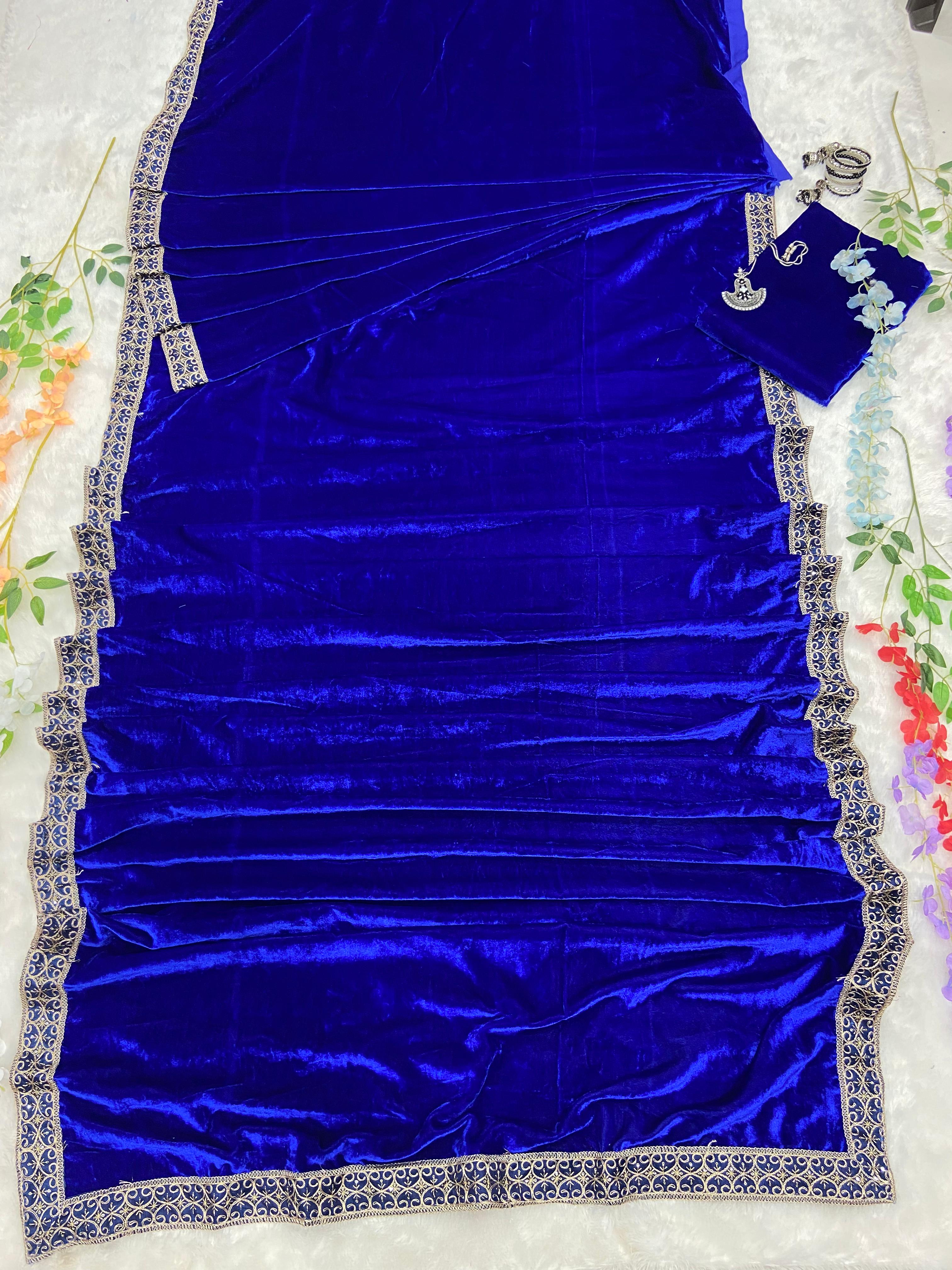 Royal Blue Velvet Ready To Wear Saree