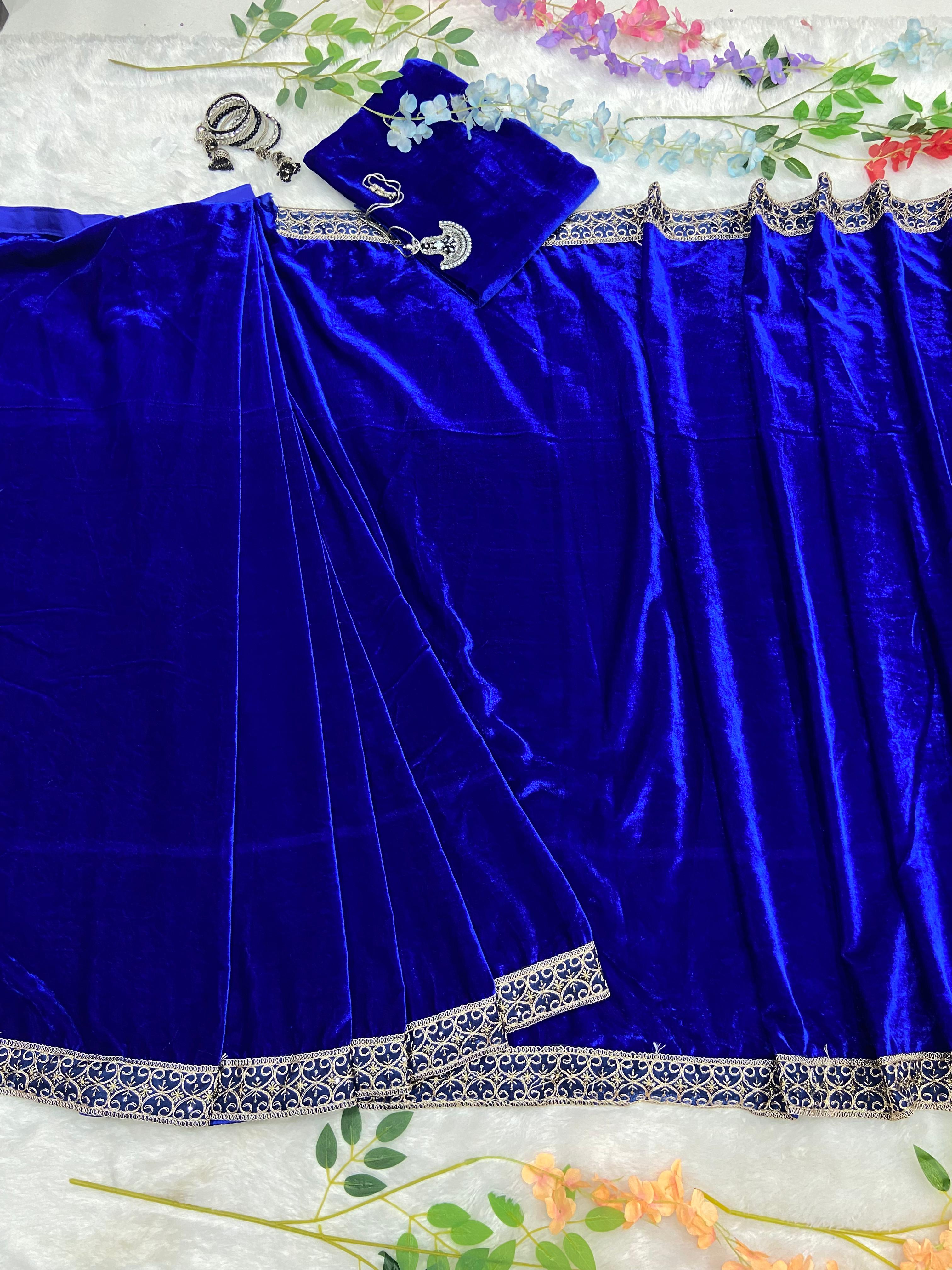 Royal Blue Velvet Ready To Wear Saree