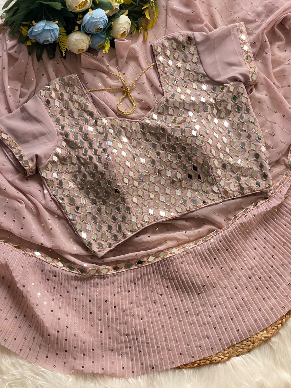 Ready To Wear Saree With Real Mirror Work Full Stitch Blouse