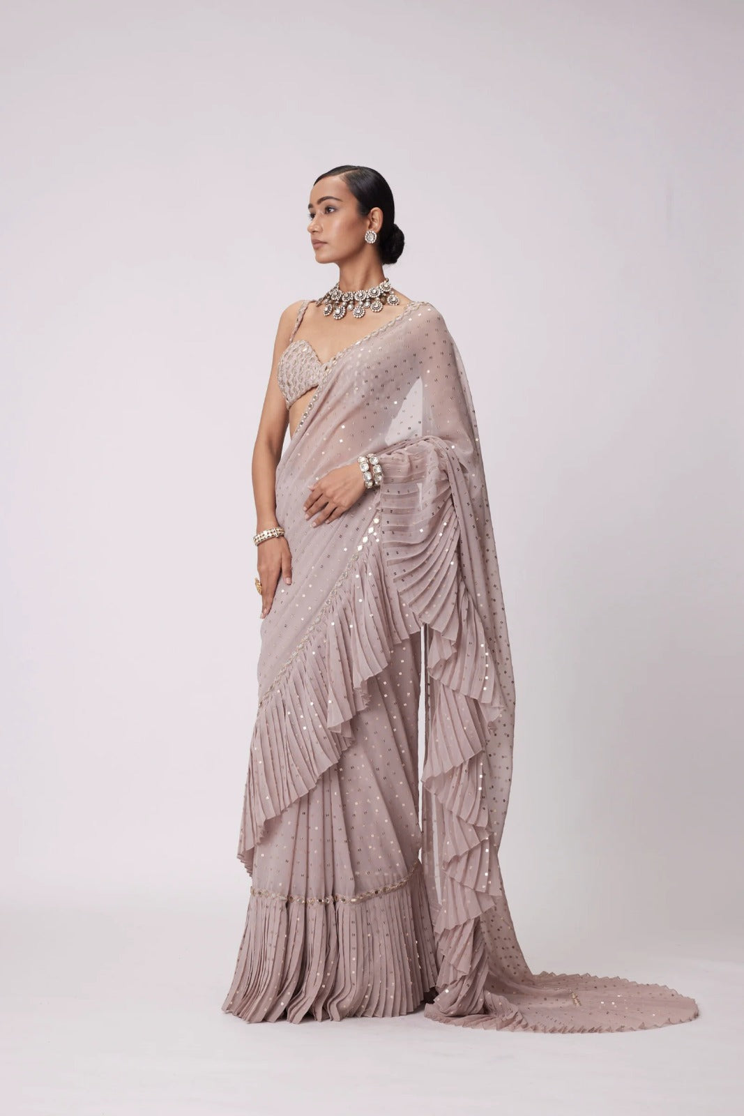 Ready To Wear Saree With Real Mirror Work Full Stitch Blouse