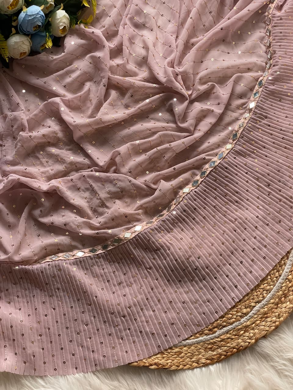 Ready To Wear Saree With Real Mirror Work Full Stitch Blouse