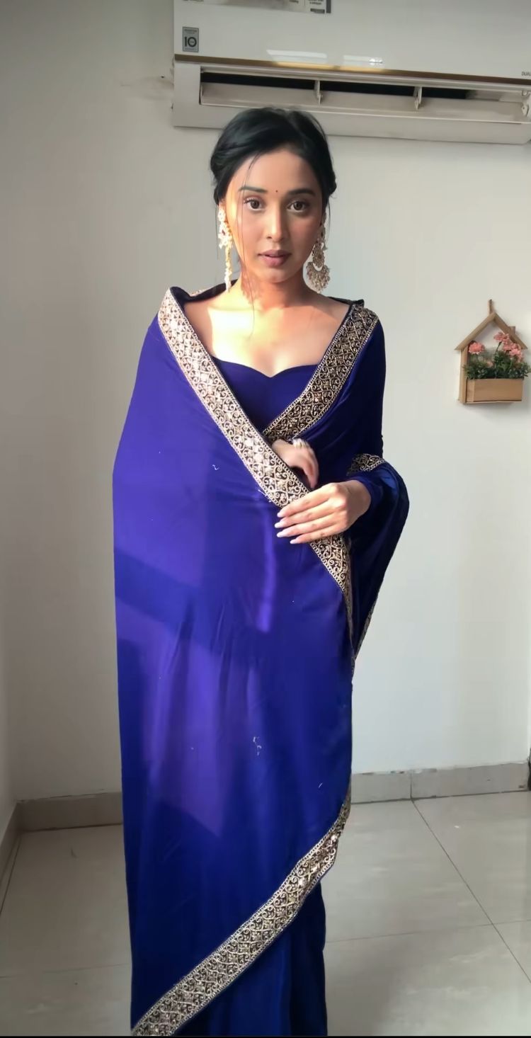 Royal Blue Velvet Ready To Wear Saree